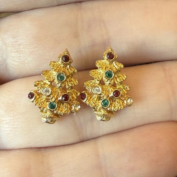 Vintage Christmas Tree Pierced Earrings With Rhinestones Gold Tone - Picture 5 of 7